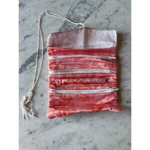 Pink Gold Satin Chinese Jewelry Travel Roll Organizer Zip-Around Padded Lined